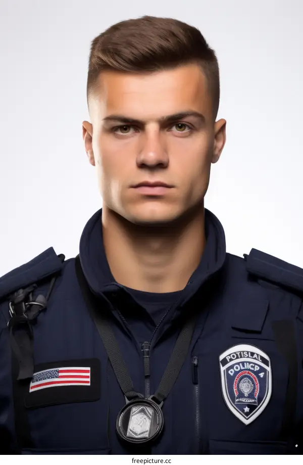 A police officer with a serious expression on his face