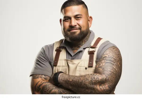 Portrait of a tattooed man wearing a gray shirt and tan apron