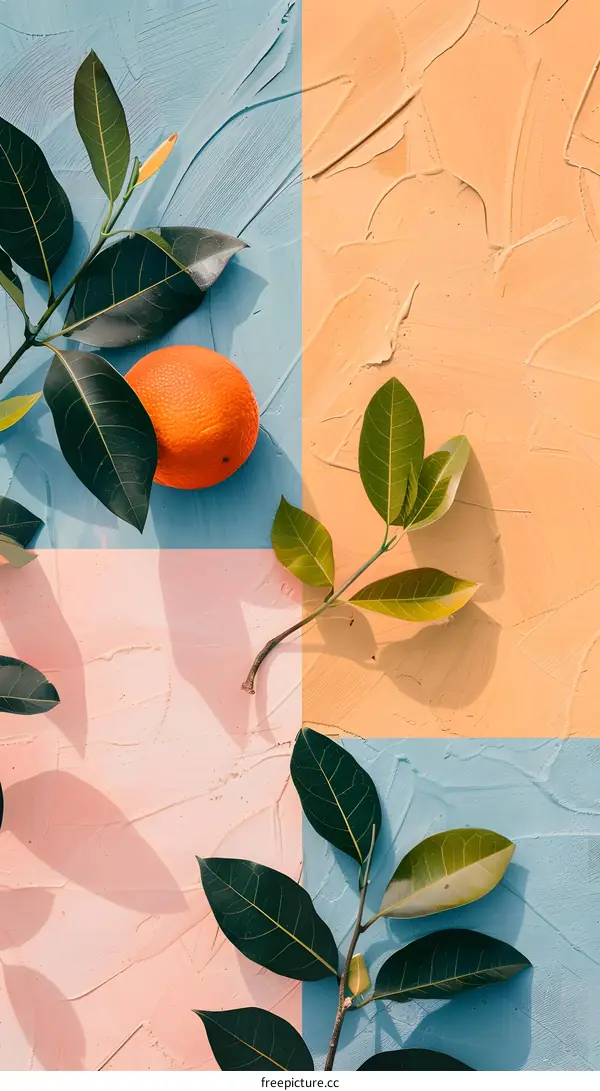 Orange Fruit with Green Leaves on a Colorful Background