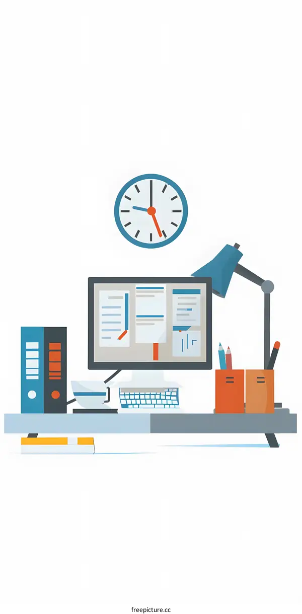 Flat Illustration of a Desk with a Computer, Clock, and Desk Lamp