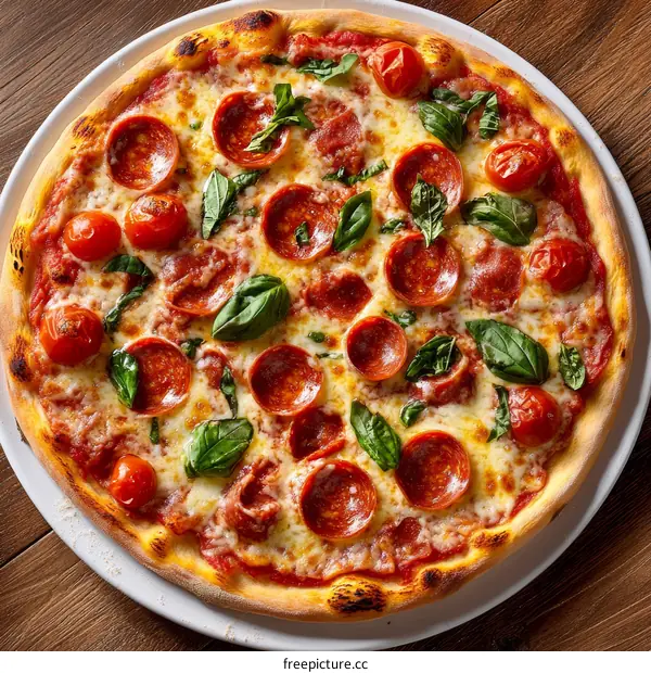 Delicious Pepperoni Pizza with Fresh Basil and Cherry Tomatoes