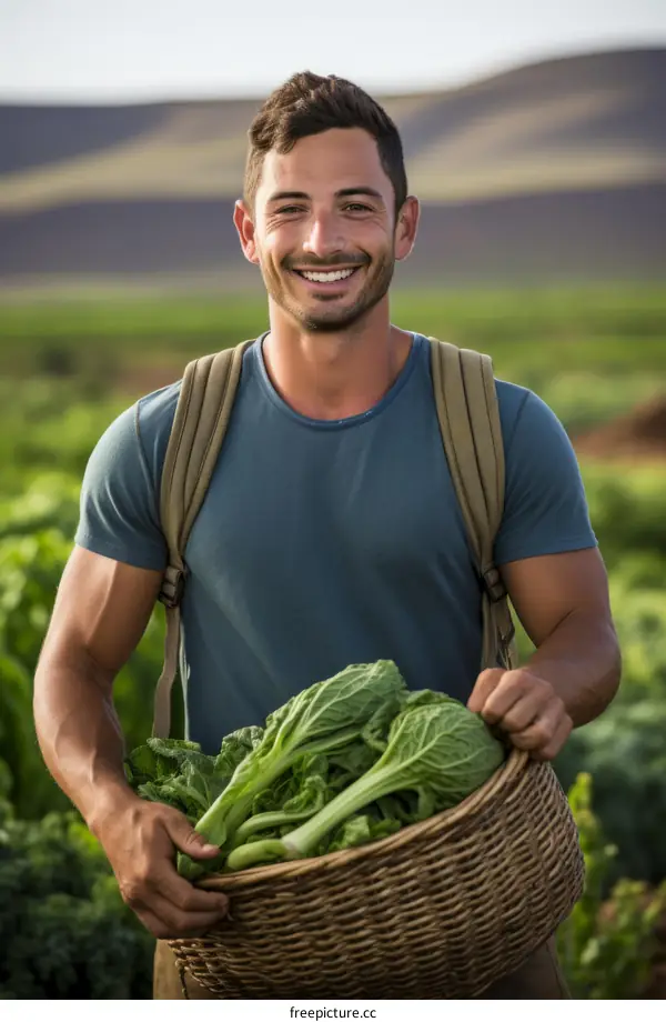 Young male farmer holding a basket of fresh produce