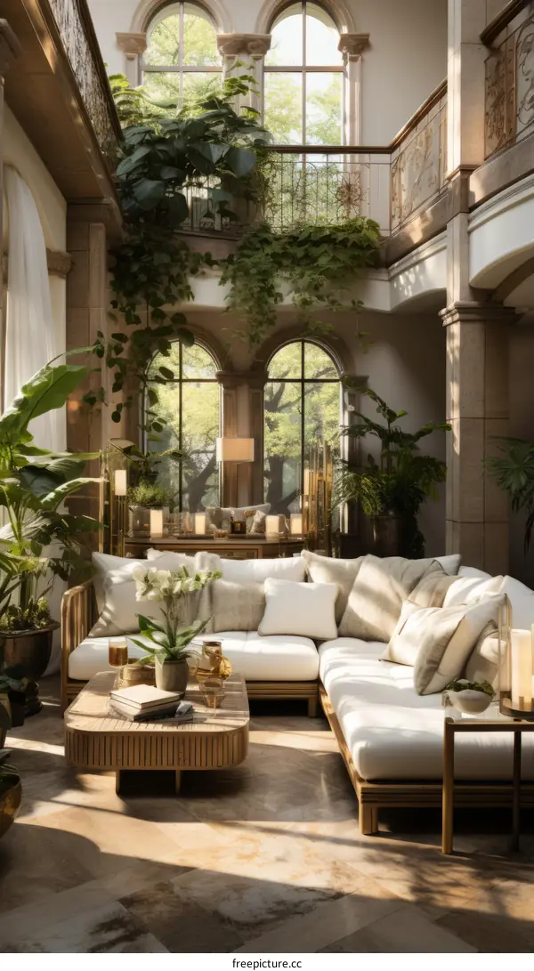 Elegant living room interior with white sofa and lush plants