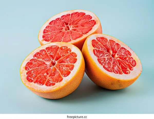 Three Halved Grapefruits on a Turquoise Background