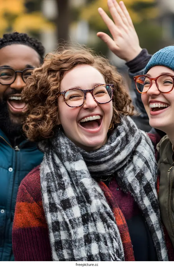 Three Friends Smiling In Winter