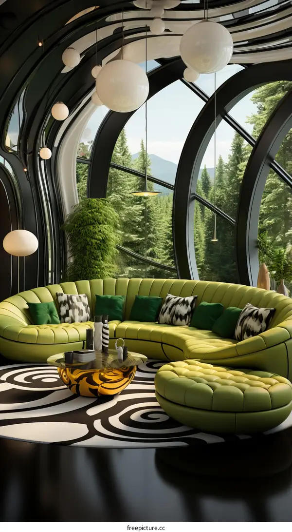 Modern living room interior design with large windows and green sofa