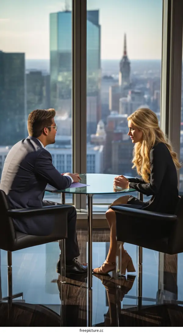 Business meeting in a modern office with a city view