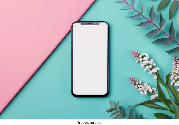 Smartphone Mockup with Floral Decorations on a Pastel Background