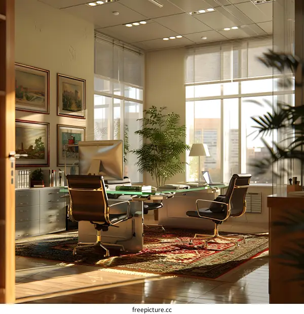 Modern office interior with large windows, a conference table, a computer, and plants