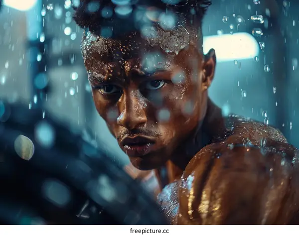 Portrait of a Determined Black Male Boxer Training in the Rain