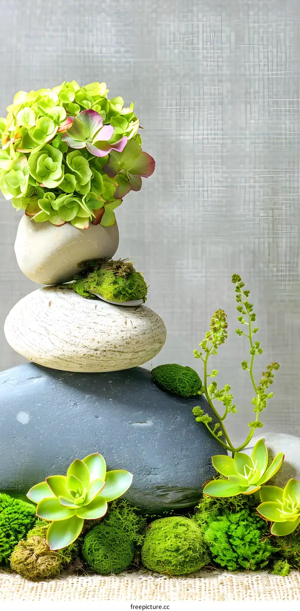 Green Plants and Stones Still Life Photography