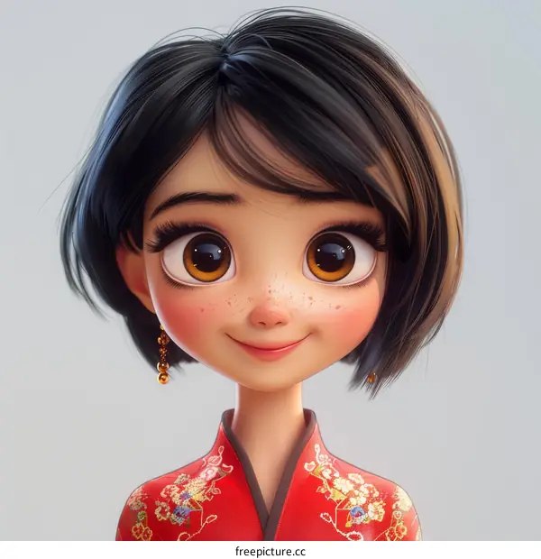 3D rendering of a young woman with short black hair and brown eyes wearing a red cheongsam