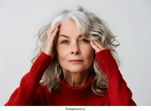 portrait of a beautiful elderly woman with gray hair wearing a red turtleneck sweater
