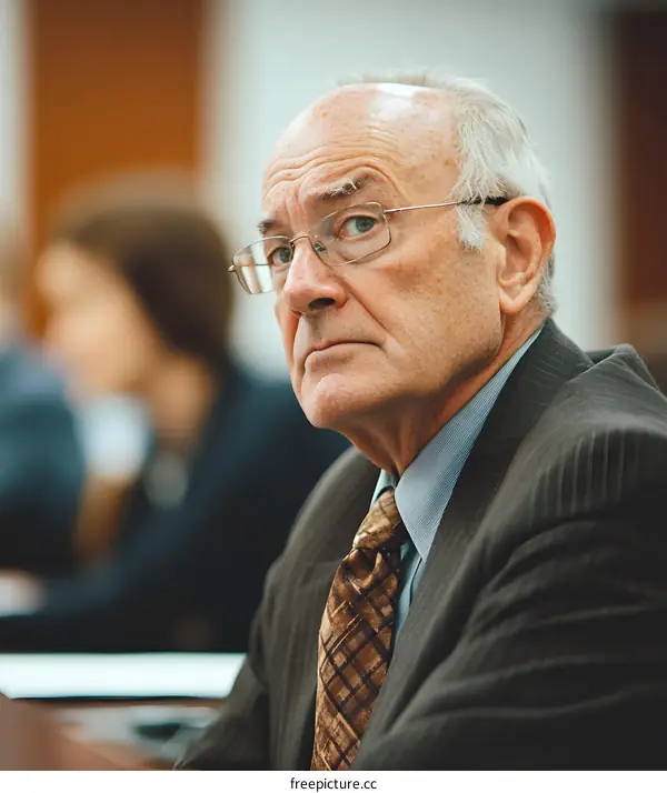 Close Up Portrait of Caucasian Senior Man Wearing Glasses and Suit
