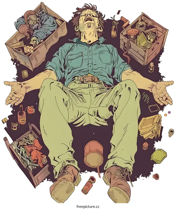 Man Lying Down in a Pile of Junk
