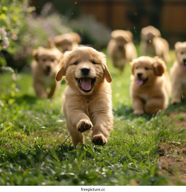 A pack of golden retriever puppies running on the grass