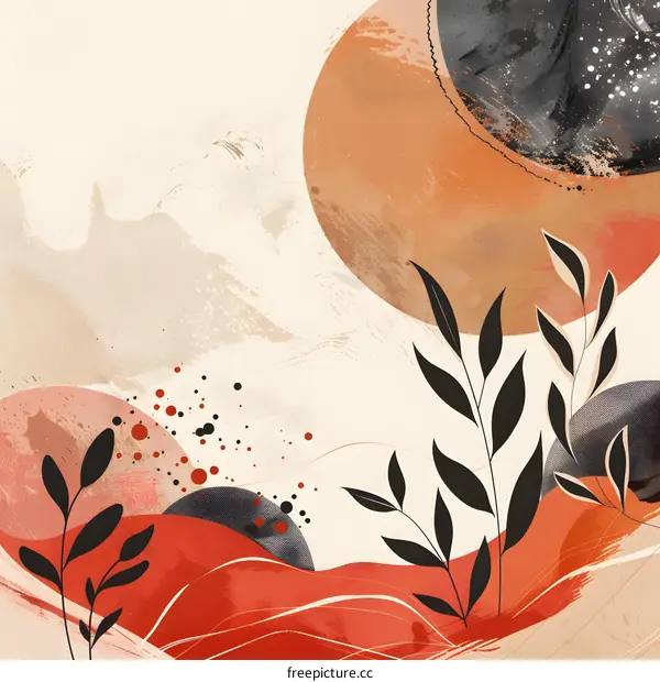 Abstract Minimalist Art with Black Leaves and Red and Orange Circles