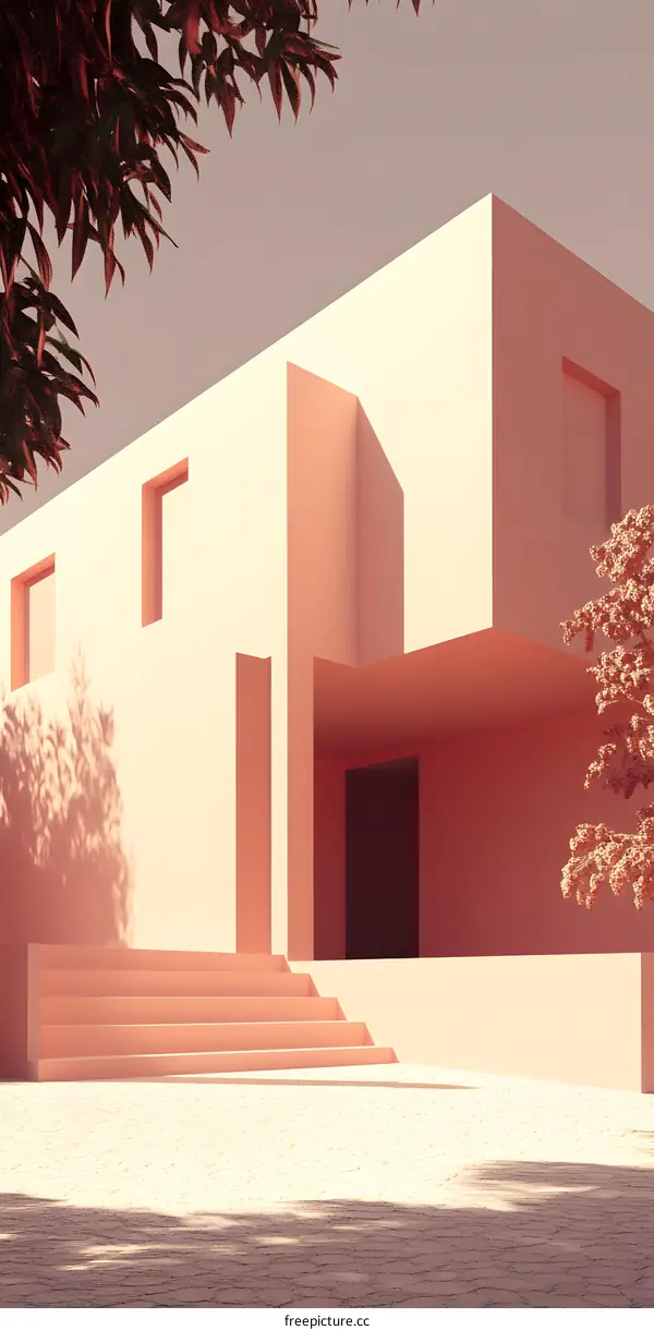 Minimalist Pink House with Steps and Trees