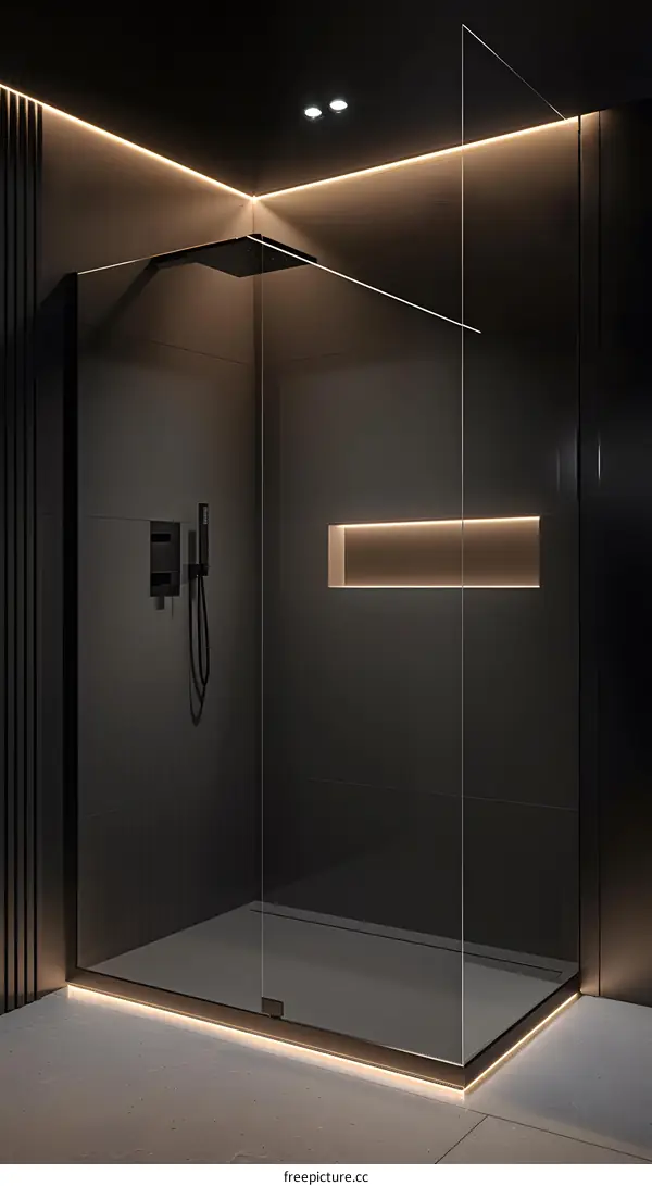 Modern Minimalist Walk In Shower Bathroom Design With Black Shower Head