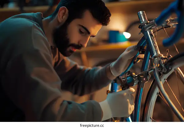 Man in Workshop Painting a Bicycle Frame