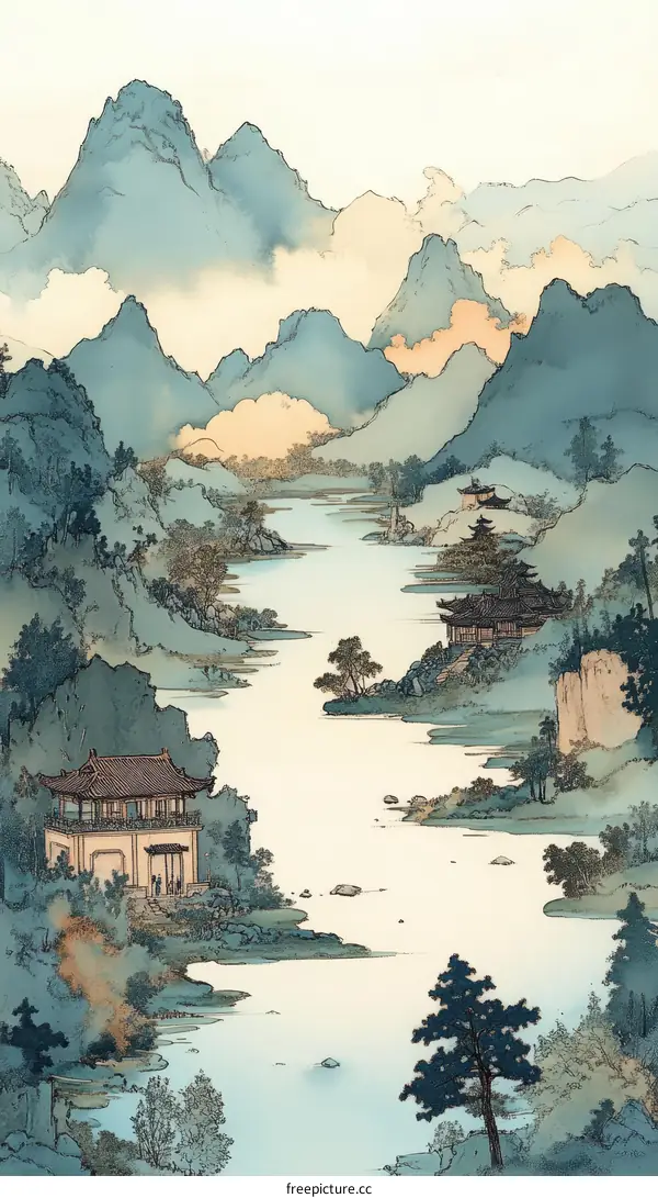 Chinese Landscape Painting with Pavilions and Mountains