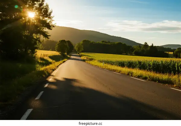 Sunlit country road with fields and trees on both sides