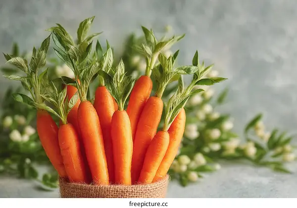 Fresh Carrots with Green Shoots in Basket