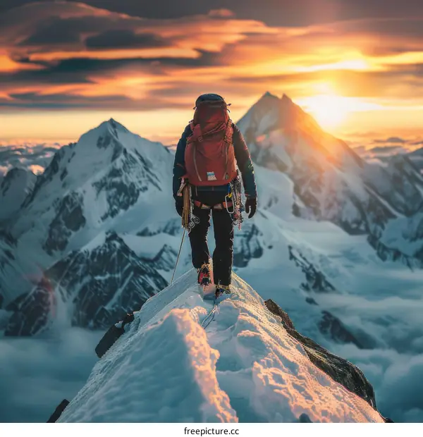 Mountaineer on a Summit Ridge with a Spectacular Sunset View
