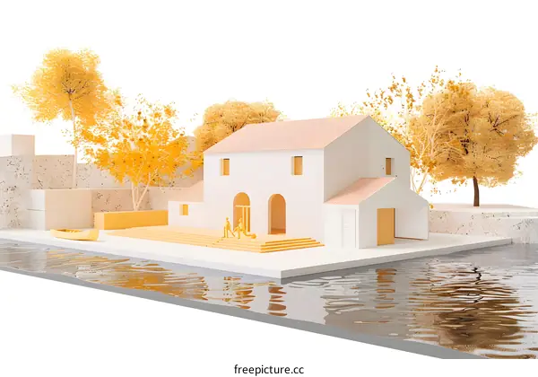 Simple 3D Minimalist House Illustration with Water and Trees