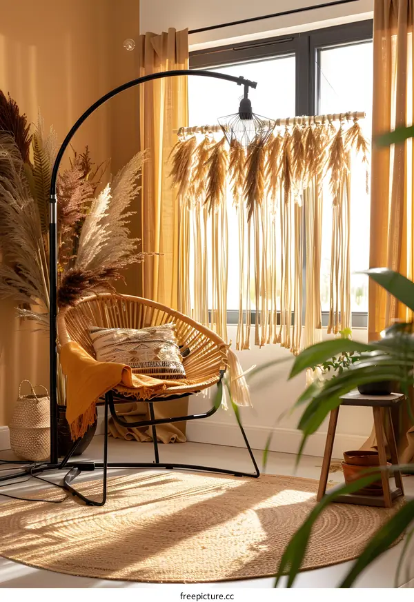 Bohemian Chic Living Room Decor With Rattan Chair and Dried Grass Garland