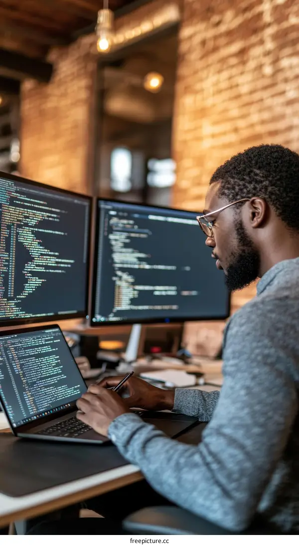 Focused Black Man Working on Laptop and Multiple Screens