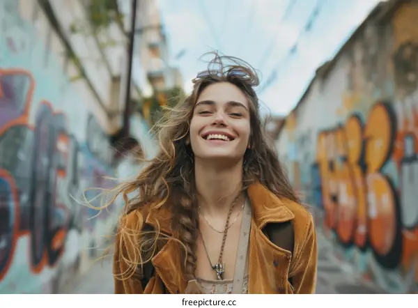 Joyful Woman Outdoors in a Graffiti Alleyway