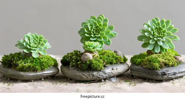 Succulent Plants Growing in Stone Pots with Moss