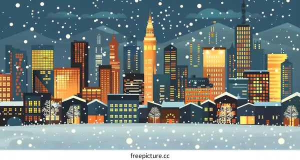 Snowy Night Cityscape Illustration