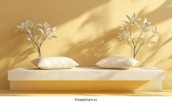 Minimalist Pastel Yellow Room Scene with Plants and Cushions