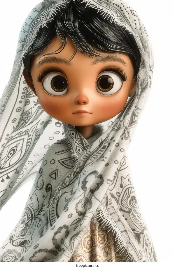 A cute little girl with big eyes and long black hair wearing a white headscarf with gray patterns
