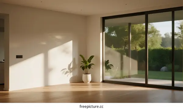 Modern bright room with large glass doors and indoor plant