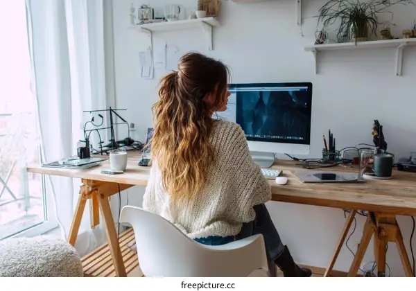 Woman working at a home office desk