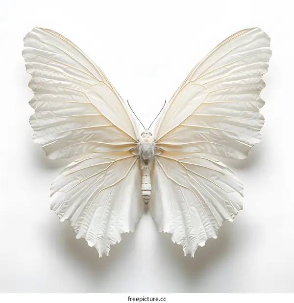 A white butterfly specimen with its wings spread open against a white background