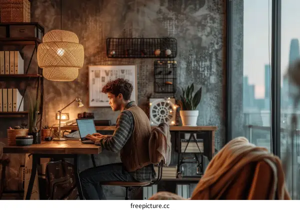 Young man working on laptop in home office