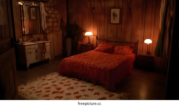 Wooden Cabin Bedroom With Red Bedding