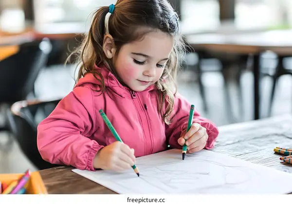 Young Girl Drawing With Colored Pencils At A Table