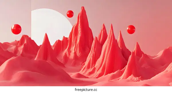 Abstract Red Mountains with Floating Spheres
