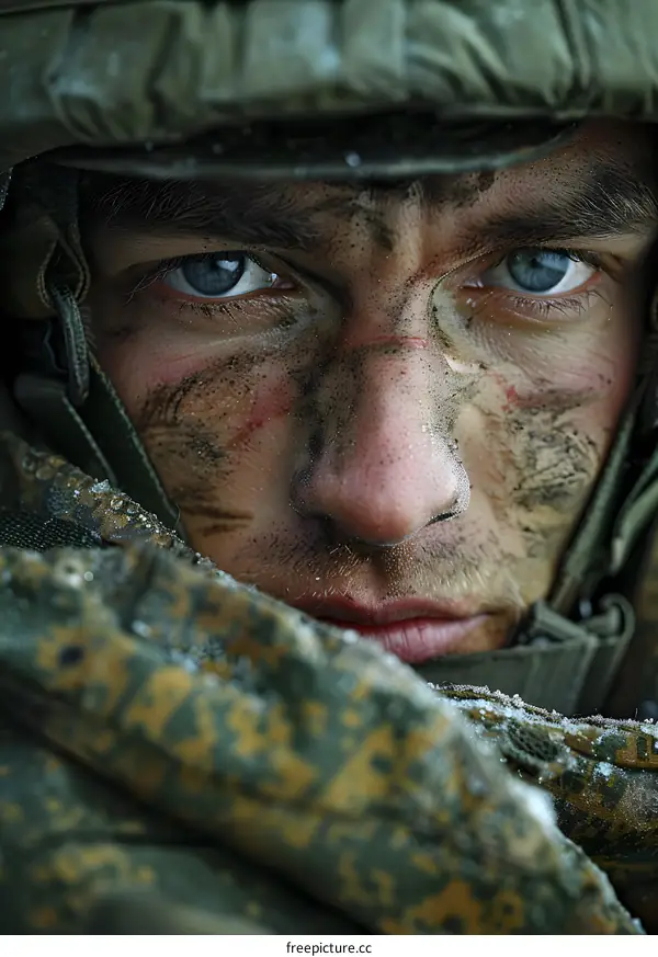 Portrait of a soldier with blue eyes and a camouflage face mask