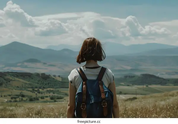 Woman with Backpack Looking at Mountain Landscape