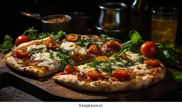 half pizza with cherry tomatoes and basil on a wooden board