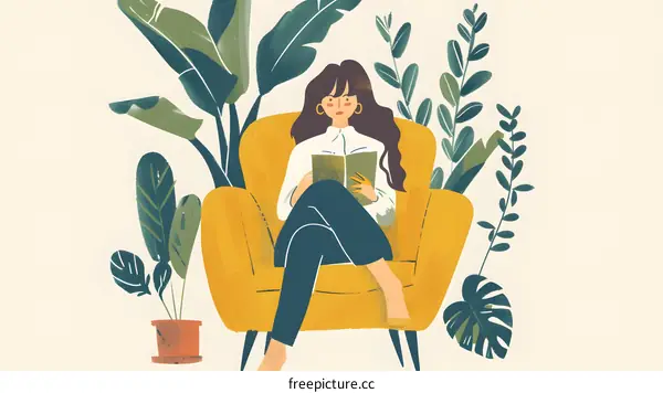 Woman Reading in a Yellow Chair Surrounded by Plants