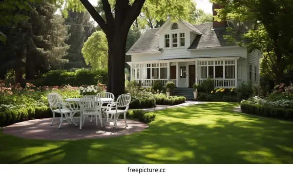 Small white house in a green field with a big tree