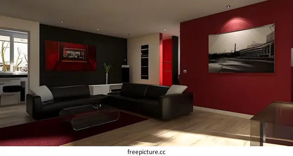 Modern Living Room Interior Design with Red Accents and Black Leather Couches