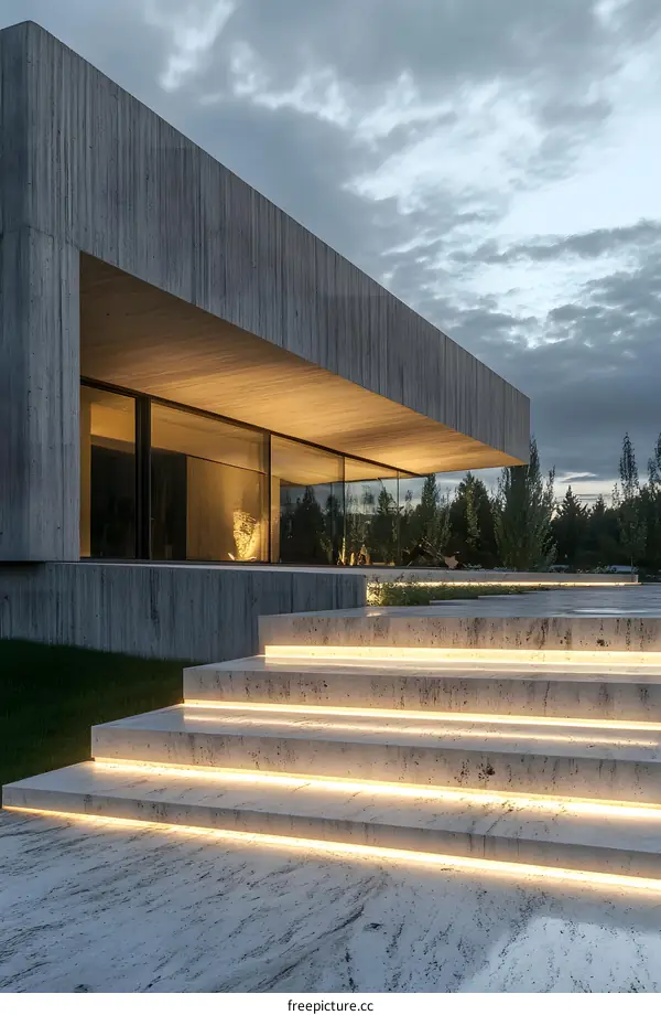 Modern Concrete House with Illuminated Steps at Dusk